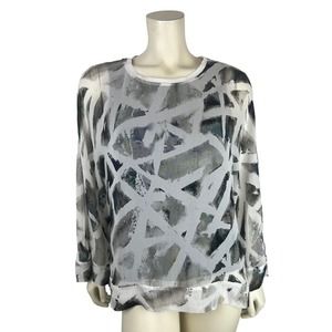 GO SILK Printed Flare Sleeve Blouse Size M White Black Art to Wear Medium Womens